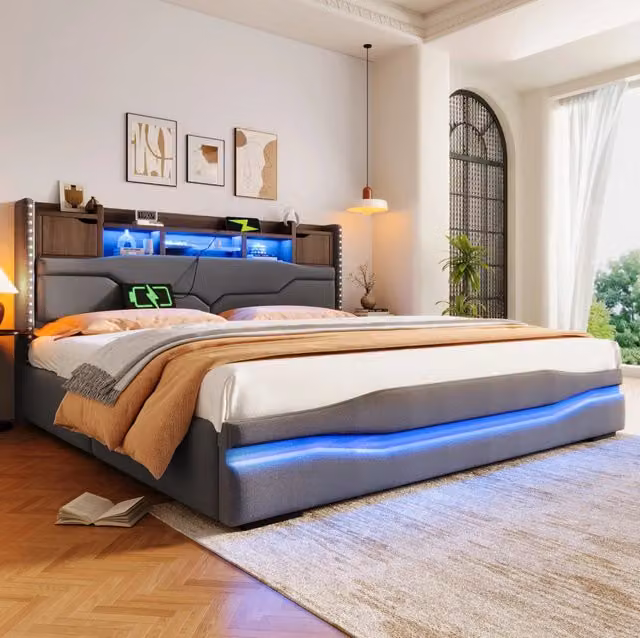 Letto imbottito grigio 180x200 cm con apertura idraulica, illuminazione LED e porta USB integrati, senza materasso