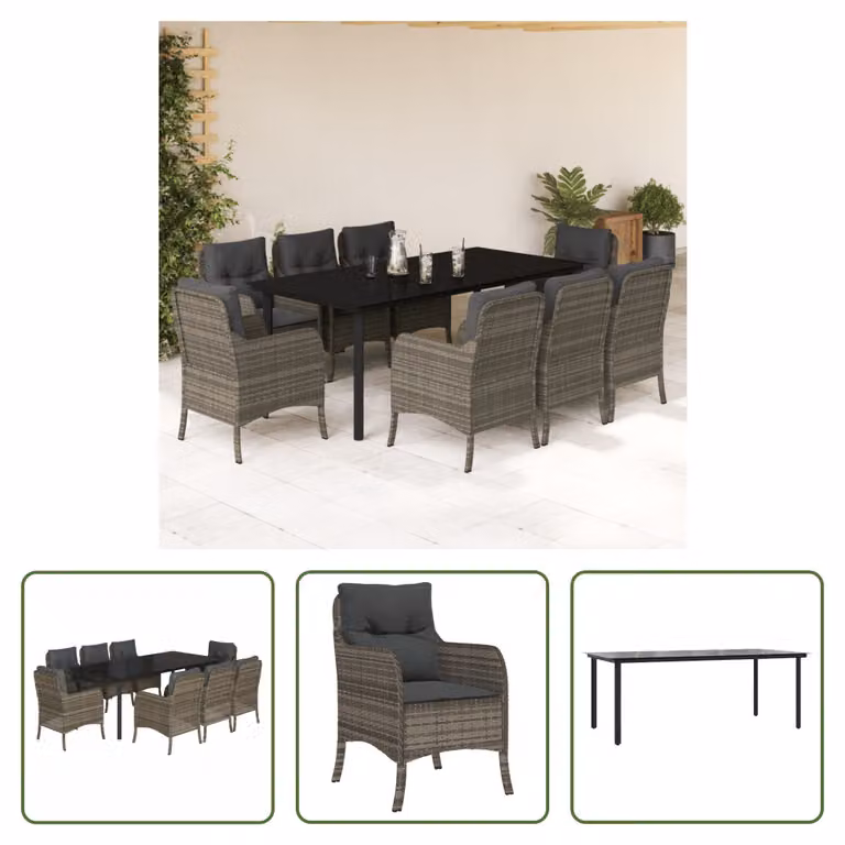 The Living Store Set da pranzo da giardino 9 pezzi con cuscini in poly rattan grigio