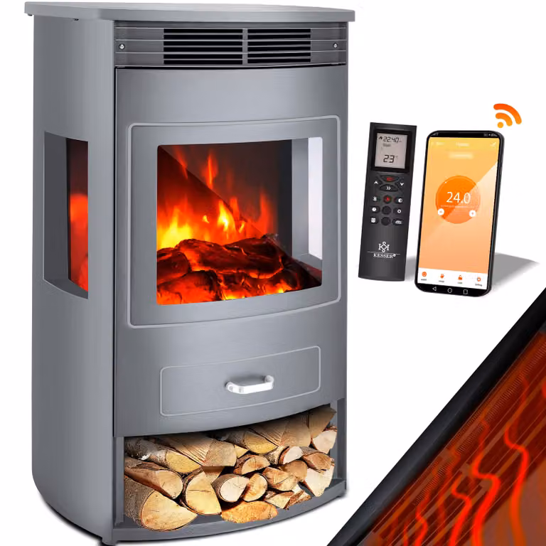 KESSER® Prio: caminetto elettrico con riscaldamento, ventilatore, telecomando, app WiFi, 950/1900 W, effetto fiamma LED, caminetto elettrico con termostato, finestra panoramica, funzione di riscaldamento, timer