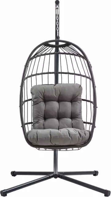 Poltrona Uovo Sospesa Rattan Nero Altalena Giardino con Cuscino