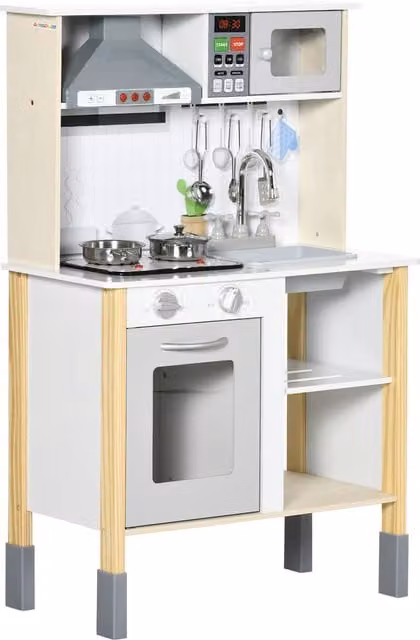 Cucina Giocattolo per Bambini AIYAPLAY di Aosom con Altezza Regolabile, Suoni, Luci e Utensili, Bianca, L/P/H: 60 x 30.5 x 93.2 cm