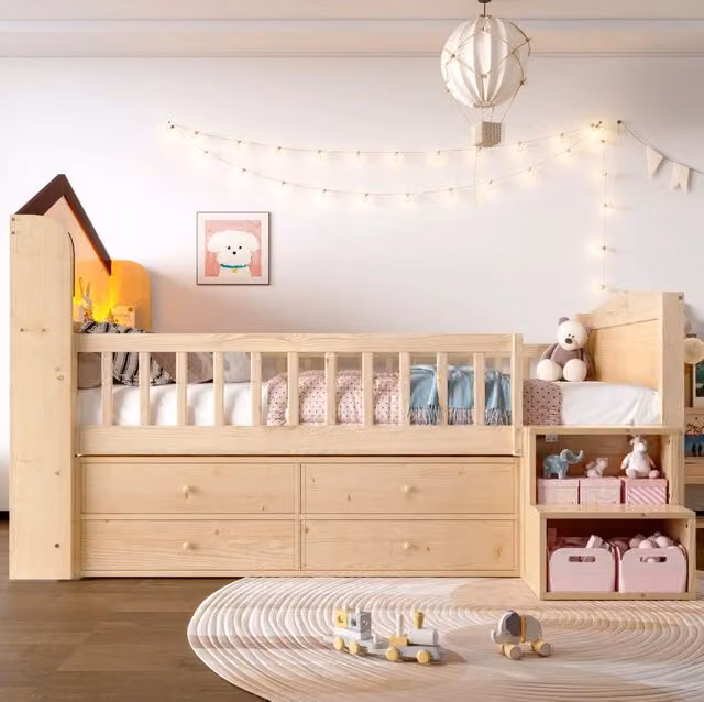 Letto per bambini semi alto a casetta 90x200 cm con LED; 4 cassetti e scala contenitore