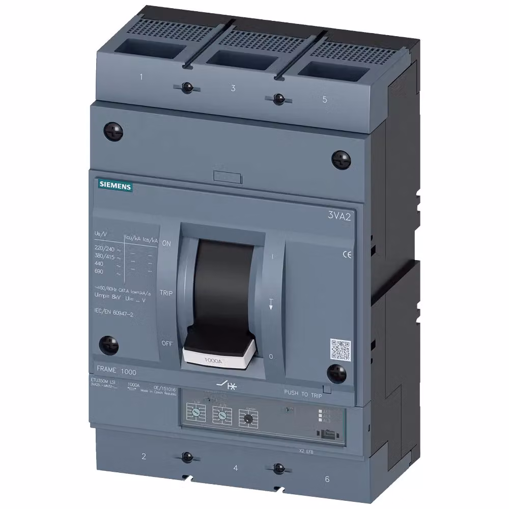 Interruttore di potenza Siemens 3VA2, telaio IEC 1000, classe di capacità di interruzione C, Icu=110 kA a 415 V, 3VA25637MN320AA0