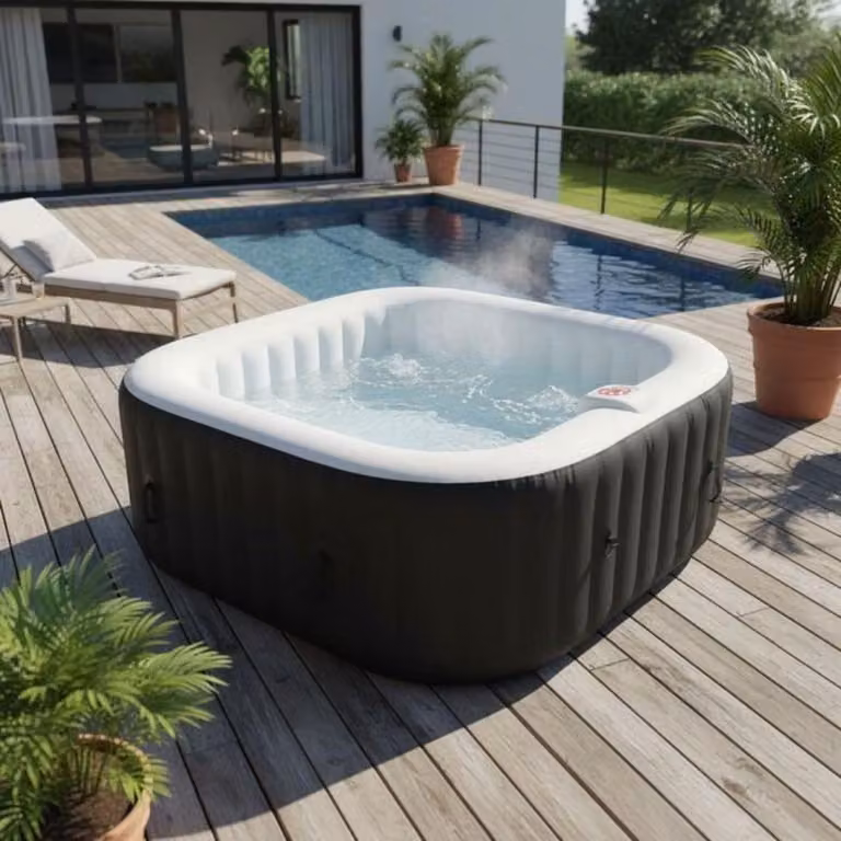 SUNSPA, vasca idromassaggio gonfiabile angolare per 6 persone, con 130 micro-getti, temperatura massima di 40°C, pompa filtro a 12V, capacità 800 litri, inclusi filtro, tappetino per il fondo e copertura con clip (AC02)