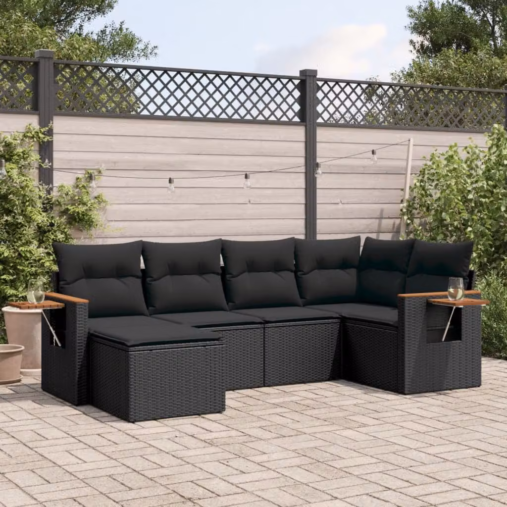 vidaXL Set Divano da Giardino a L in Polyrattan Nero con 6 Pezzi e Cuscini Imbottiti – 1