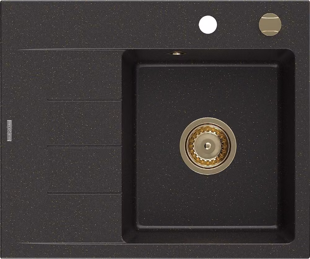 Mexen Ben lavello in granito a una vasca con sgocciolatoio, destro 600 x 500 mm, nero/oro metallizzato, sifone oro