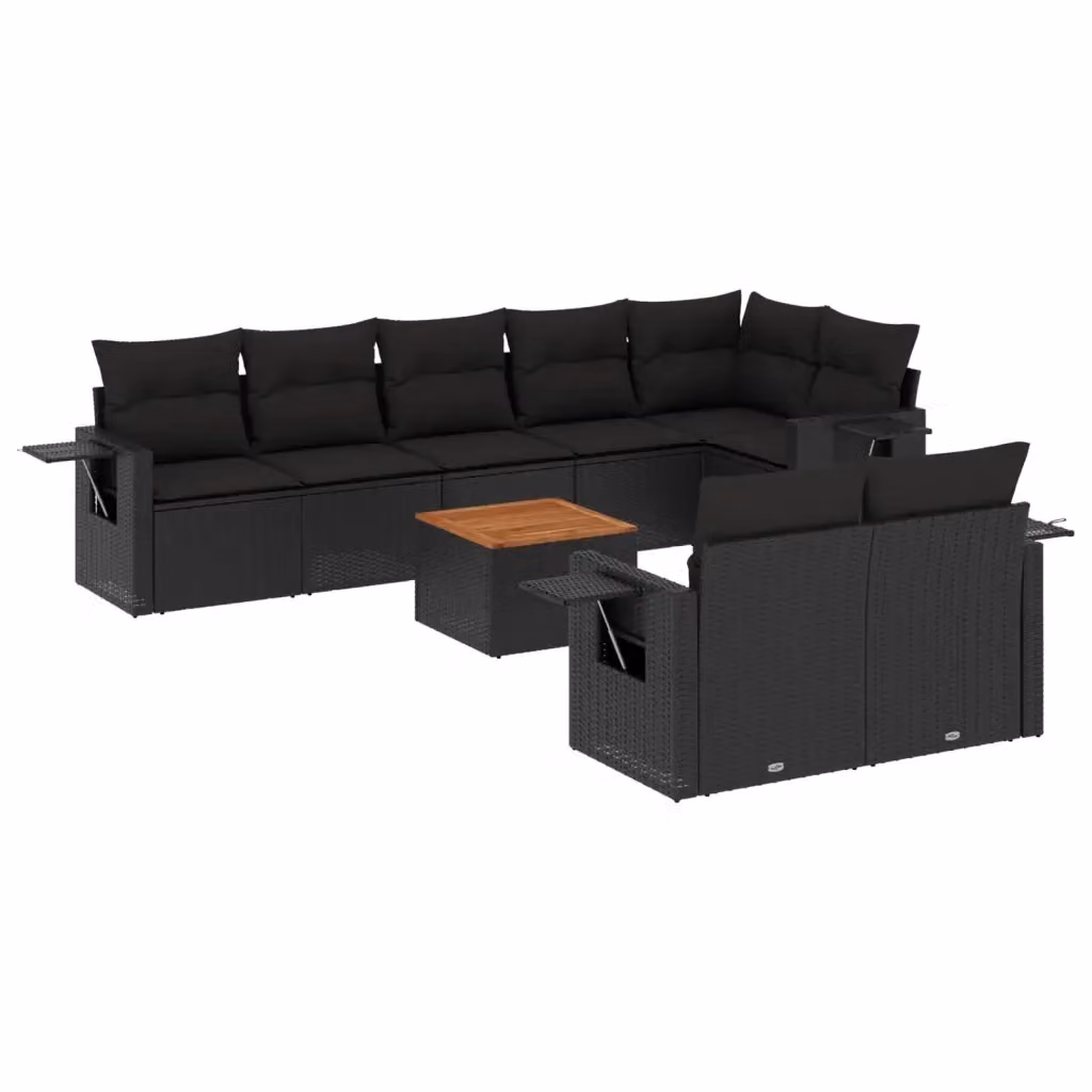 vidaXL Set Divani da Giardino 9 pz a Forma di L con Cuscini e Tavolino Nero in Polyrattan e Legno di Acacia – 2
