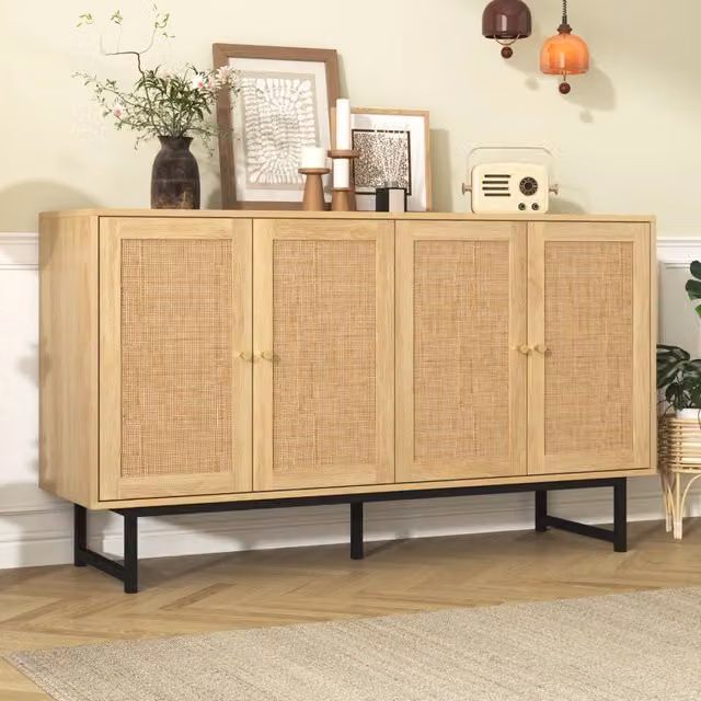 Credenza 140x39,5x80 cm con intreccio in rattan naturale e 4 ante legno chiaro