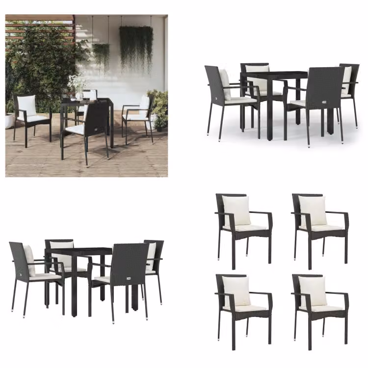 vidaXL Set da pranzo da giardino 5 pezzi con cuscini in poly rattan nero - Set da pranzo da giardino - Set da pranzo da giardino - Set da pranzo da terrazza