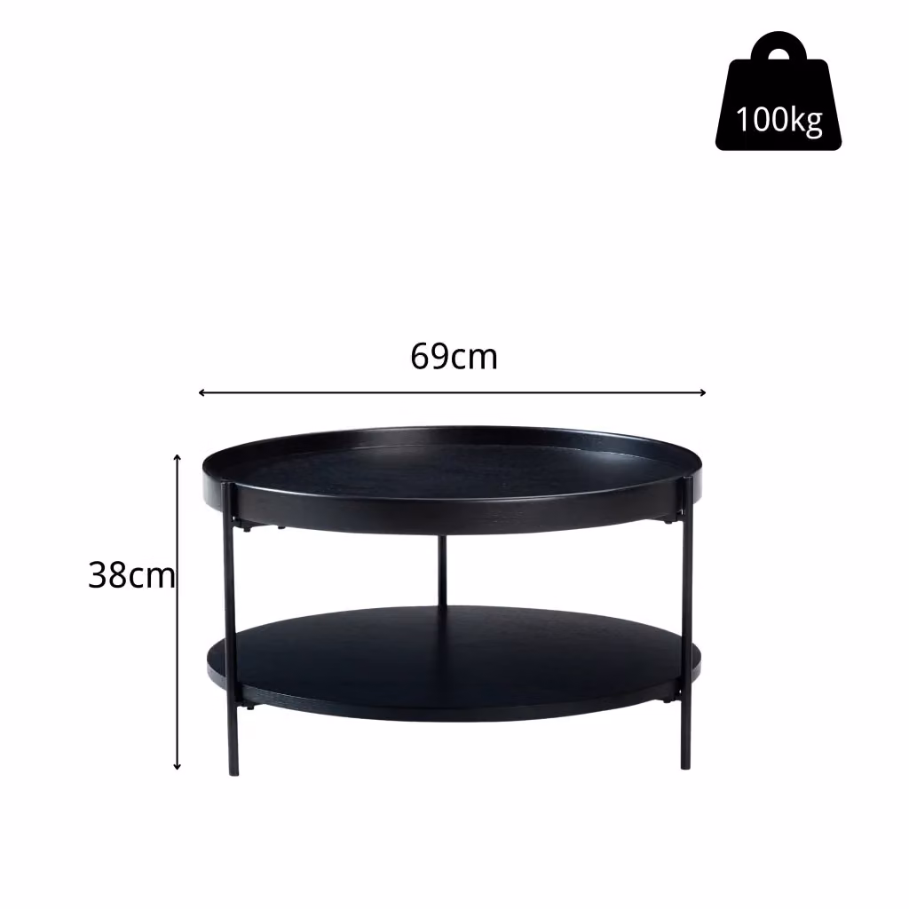 Tavolino basso rotondo Mivray nero con struttura in metallo e ripiani in legno e MDF – 2