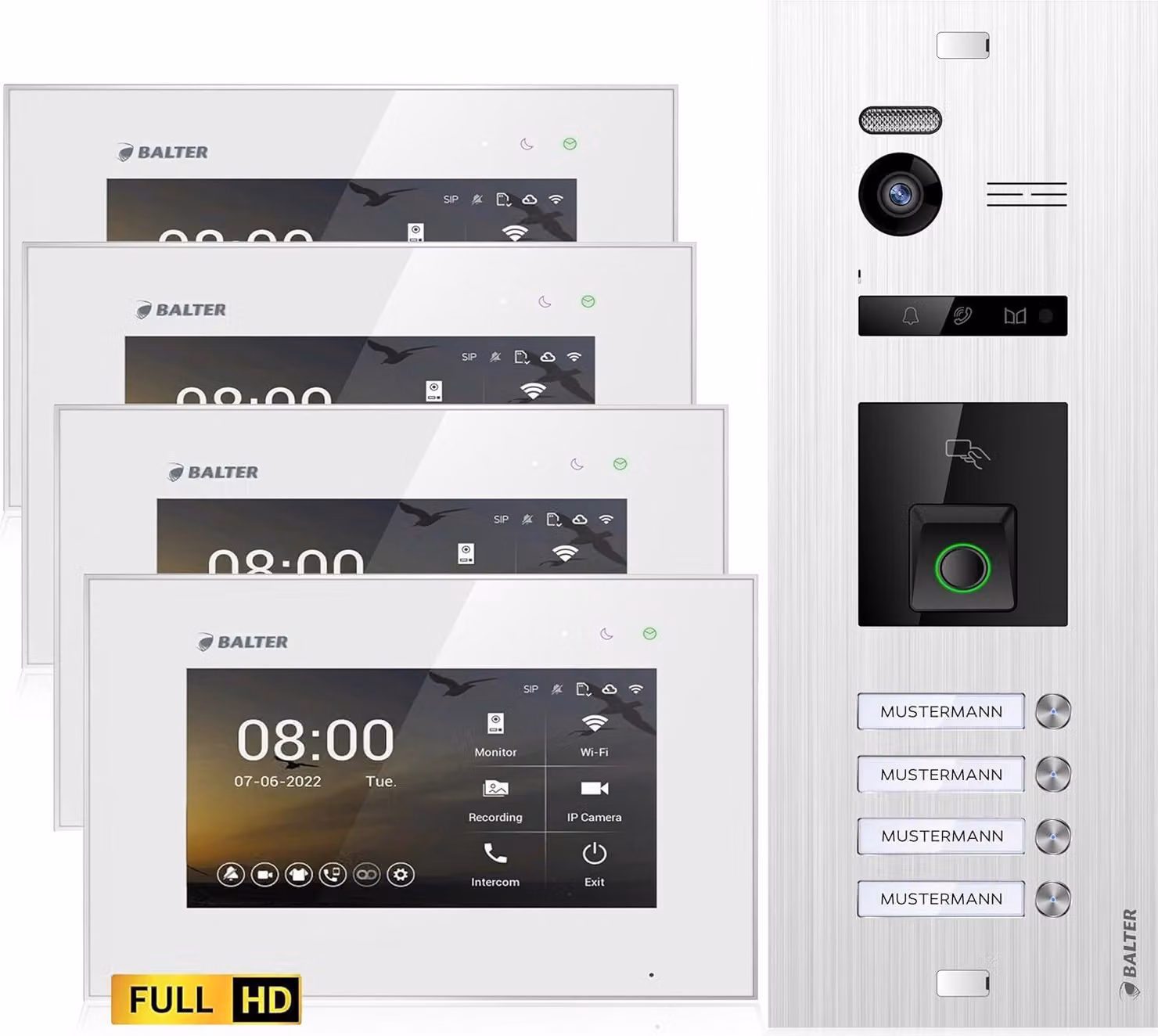 Videocitofono HD con impronta digitale e RFID per casa quadrifamiliare, 4x monitor, Balter EVO HD Fingerprint