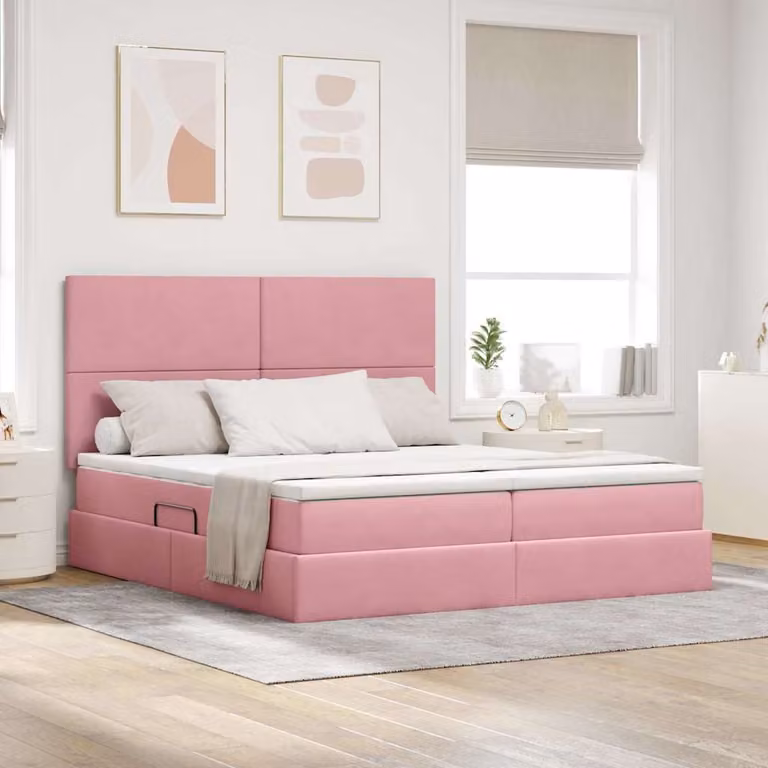 Letto con contenitore e luci LED vidaXL in velluto rosa con porte USB, L: 180 cm, P: 200 cm, H: 204 cm