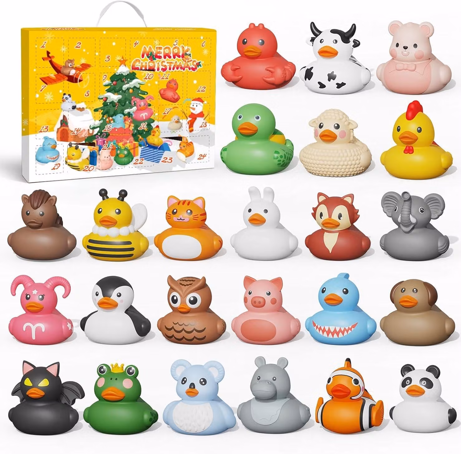 Calendario dell'Avvento con 24 anatroccoli di gomma colorati, giocattoli da bagno, per bambini
