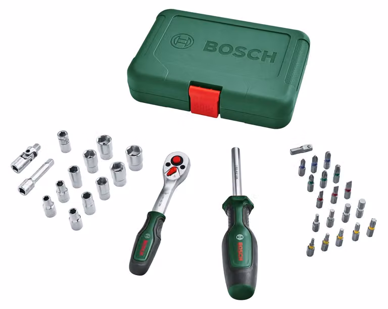Set di chiavi a cricchetto Bosch / set di chiavi a bussola da ¼", 34 pezzi (di alta qualità e versatile)