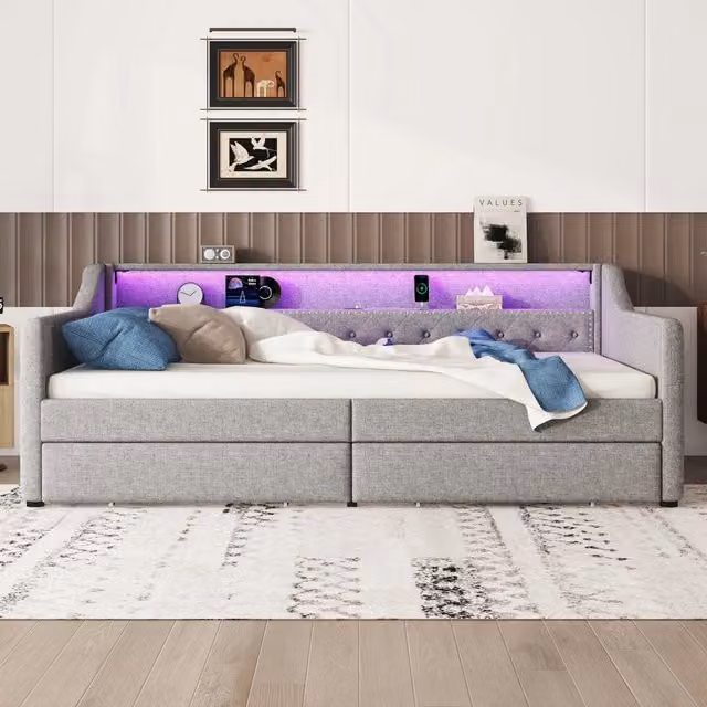 Divano letto Mivray in lino grigio con 2 cassetti, illuminazione LED telecomandata e porta USB, L/P/H: 90 x 200 cm