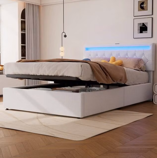 Letto imbottito 140x200 cm con contenitore; LED e porte USB/Type-C; bianco