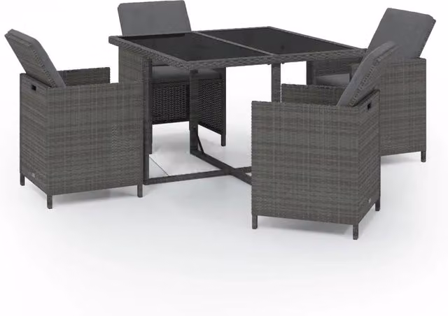 Set da Pranzo da Giardino 5 pz in Polyrattan Grigio con Tavolo in Vetro e Cuscini