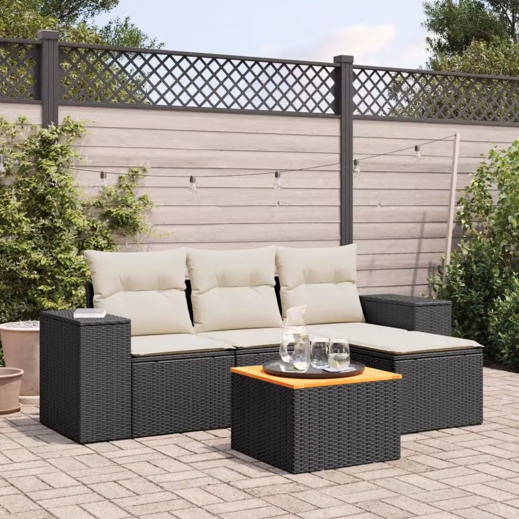 Set Divani da Giardino L-Shape vidaXL 5 pz con Cuscini e Tavolino, Polyrattan Nero e Struttura in Acciaio Verniciato a Polvere – 1