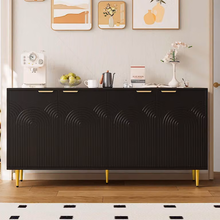 Credenza Flieks con cassettiera a 4 ante, 160x40x80 cm, cassettiera in legno con gambe in metallo dorato, credenza per cucina soggiorno, nero