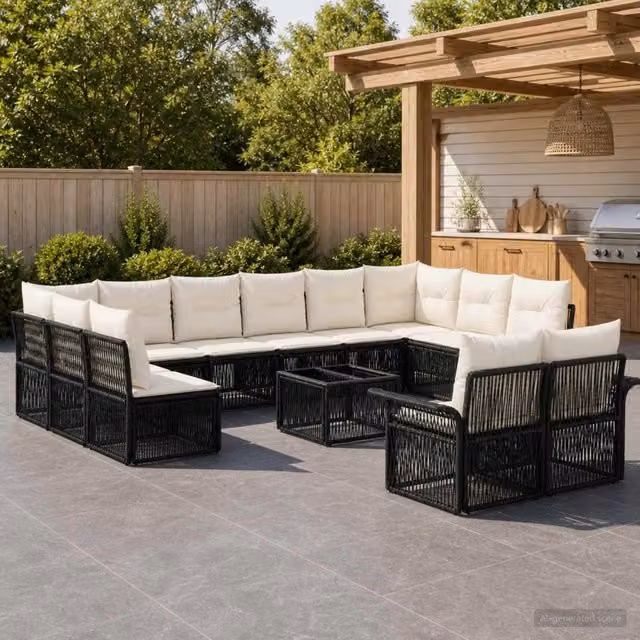 Set Divano da Giardino a L vidaXL con Cuscini e Tavolino Nero