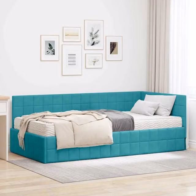 Letto Angolare Moderno vidaXL in Velluto Turchese con 2 Materassi in Schiuma L/P/H: 204 x 100 x 72 cm – 1