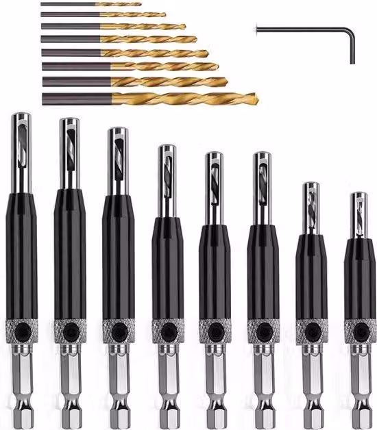 Set di 17 punte autoforanti in HSS per cerniere, con diametro da 5/64 a 1/4 di pollice, comprensivo di 8 punte di ricambio e una chiave a Esagono, ideale per cerniere, legno, porte e finestre