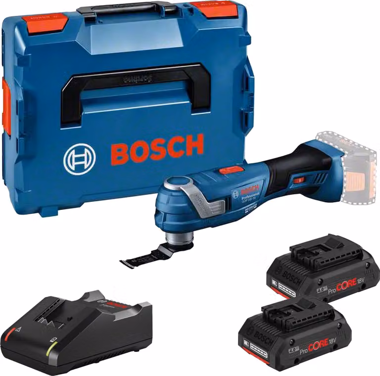 Multitaglio a batteria Bosch GOP 18V-34 / 2x 4,0 Ah ProCORE + caricabatterie in L-Boxx 136