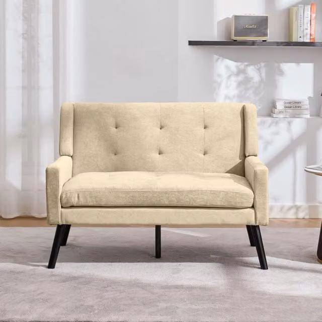 Panca imbottita a 2 posti MIVRAY in lino beige con gambe in legno e design moderno