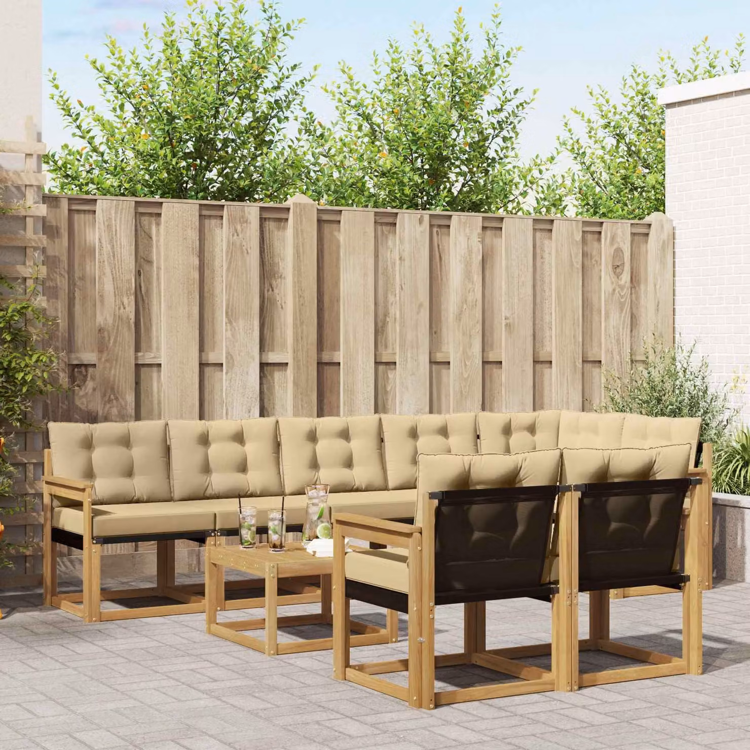 Set di divani da esterno vidaXL 9 pz in legno di acacia con cuscini Bianco e Beige