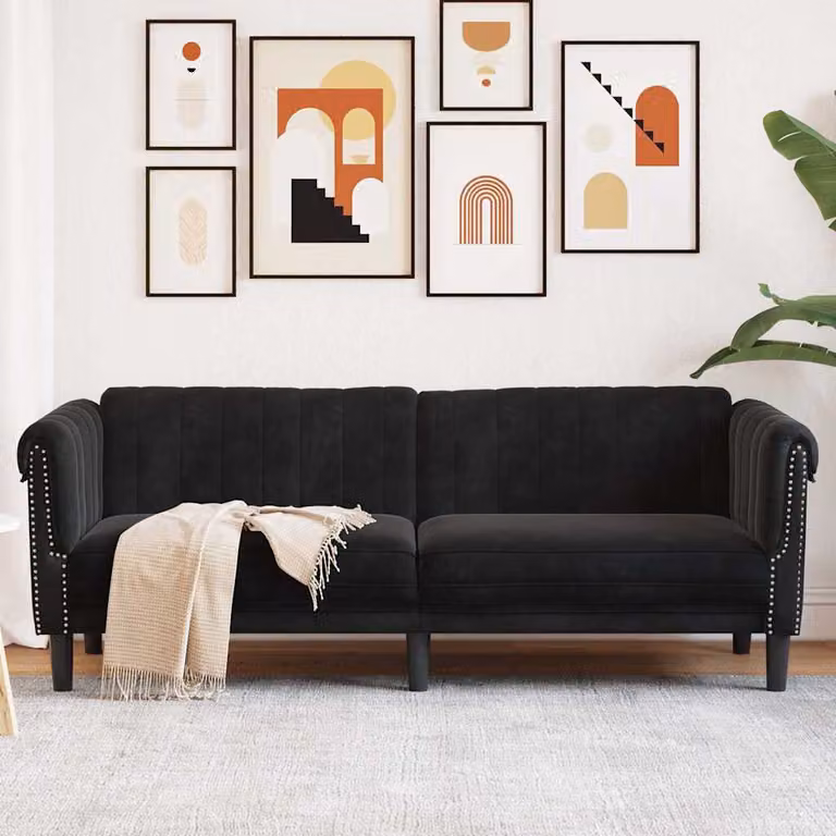 vidaXL Divano a 3 Posti Moderno in Velluto Nero con Struttura in Legno Massiccio L: 203 cm, H: 77 cm, P: 74 cm