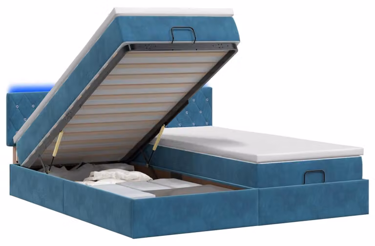 Panca contenitore con materasso e luci LED, colore blu scuro, 180 x 200 cm, rivestita in velluto
