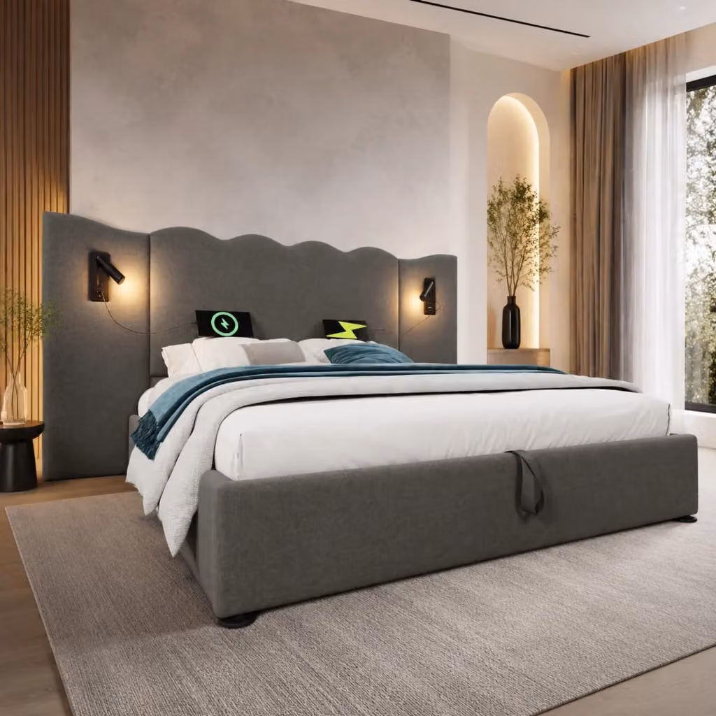 Letto imbottito REDOM grigio con base contenitore a sollevamento, lampada da lettura integrata, porta USB e mensola, L/P/H: 160 x 200 x 232 cm – 2
