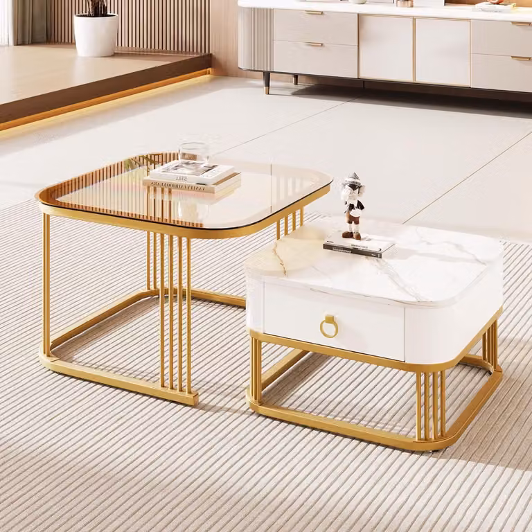 Set di 2 tavolini quadrati, tavolino da salotto lucido con aspetto marmoreo e piano in vetro marrone verde acqua, tavolino moderno con spazio di archiviazione, per soggiorno, balcone, bianco e marrone verde acqua