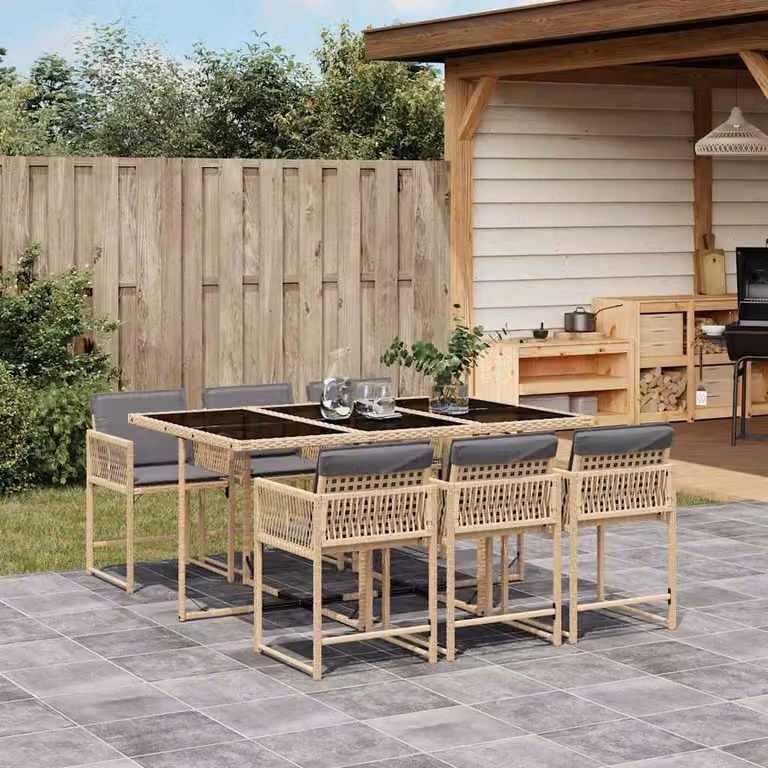 Set Pranzo da Giardino vidaXL in Polyrattan con Cuscini e Tavolo in Vetro, 7 Pezzi, Colore Beige Misto