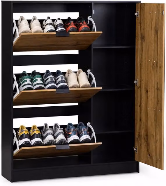 Scarpiera moderna per ingresso con 3 ribalte e 1 anta, ripiani interni ed estetica opaca, L/P/H: 100 x 30 x 130 cm – 1