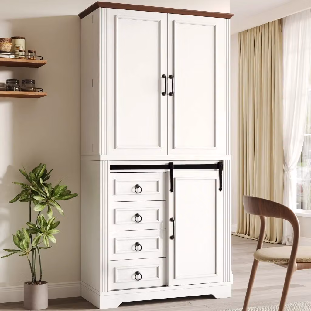 Colonna da cucina e soggiorno bianca con 4 cassetti, ripiani regolabili e chiusura silenziosa, L/P/H: 40 x 53 x 180 cm – 2