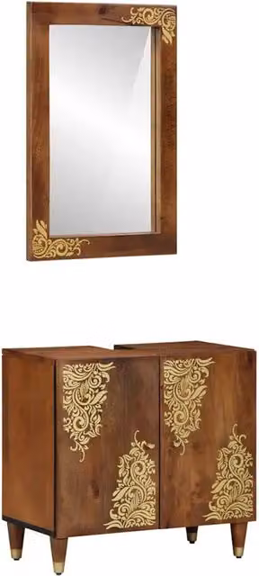 Set di mobili da bagno vidaXL in legno mango color marrone con specchio e vanità a parete, 2 pezzi
