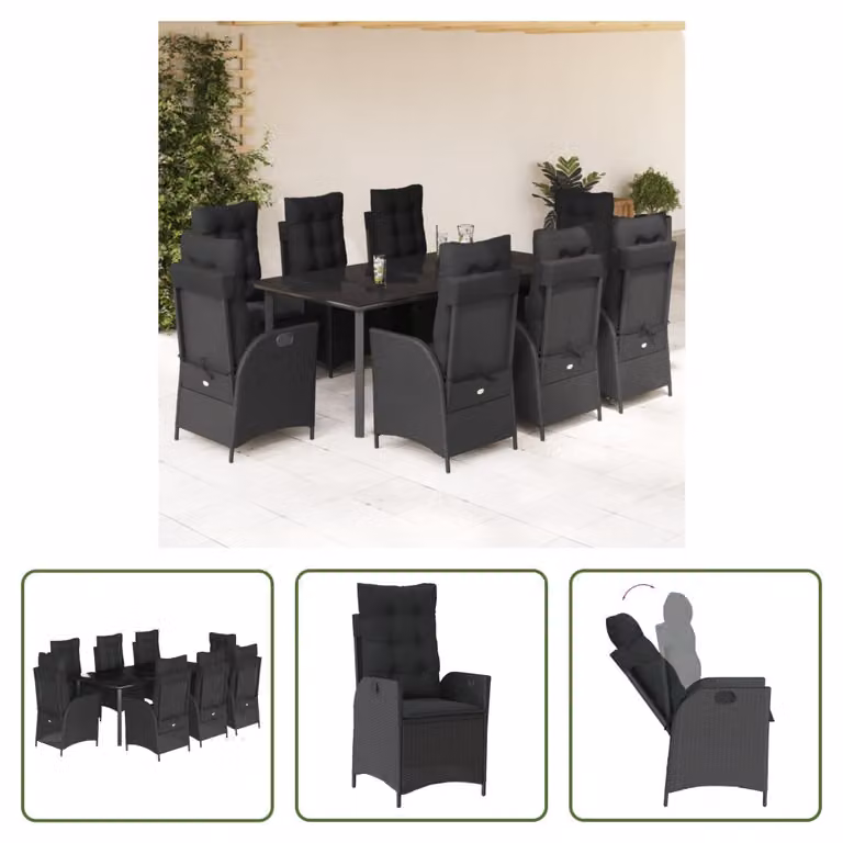 The Living Store Set da pranzo da giardino 9 pezzi con cuscini in polirattan nero