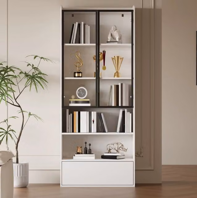 Vetrina alta ULEVR 80x34x180 cm con 1 cassetto, ante in vetro e LED regolabile via app, bianca