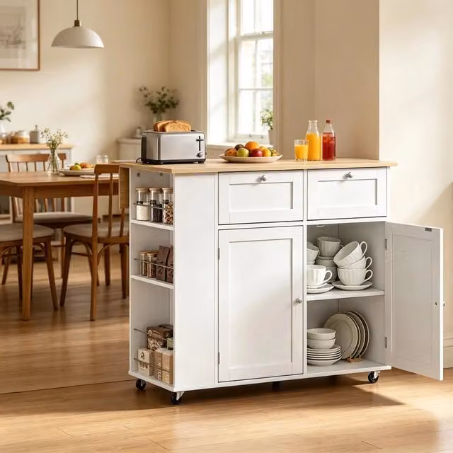 Carrello da cucina con piano di lavoro pieghevole, 2 cassetti, mobile a 4 scomparti e ripiani laterali, bianco e rovere