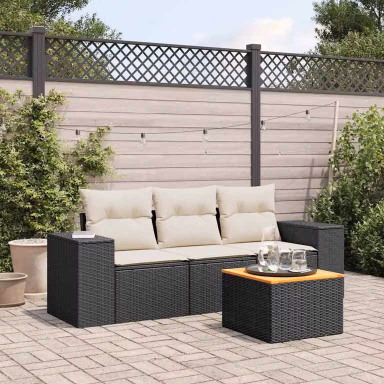 Set di divani da giardino vidaXL in polyrattan nero con cuscini inclusi