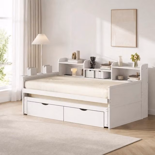 Letto singolo estraibile REDOM in legno massiccio bianco con cassetti L/P/H: 90 x 200 cm
