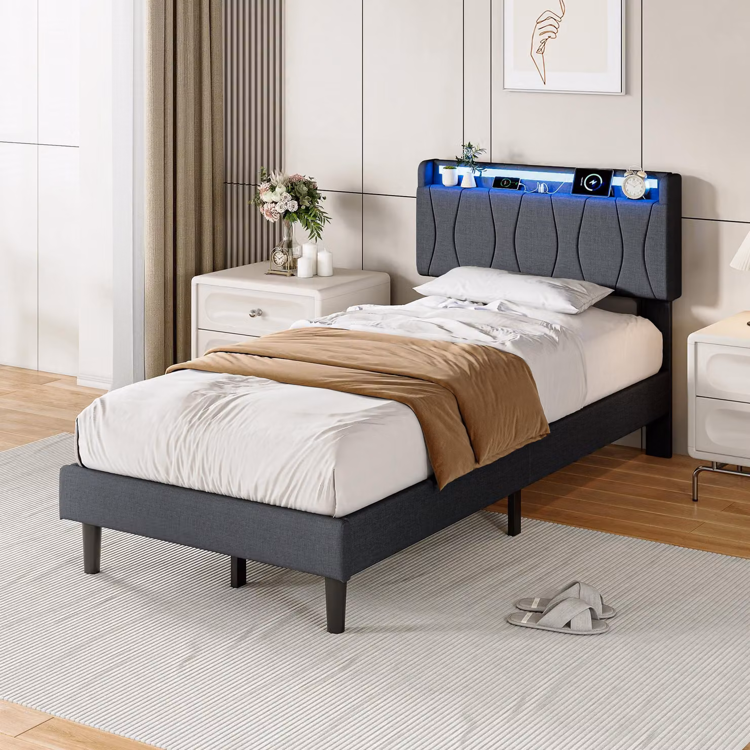 Letto imbottito 90x200 cm con illuminazione LED, 2 porte USB e una porta USB-C, rete a doghe, testiera imbottita, rivestito in lino grigio, altezza da terra di 18 cm, senza materasso