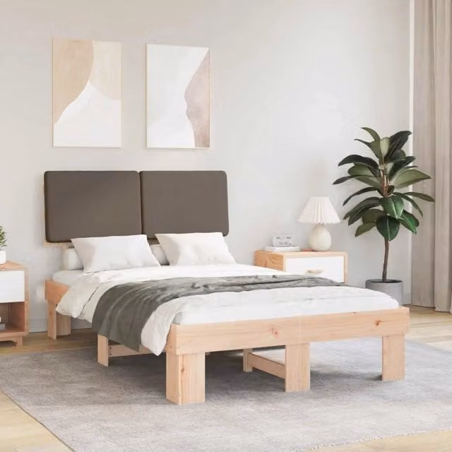 Letto moderno vidaXL in pino massello con testiera rivestita in tessuto beige o grigio, L/P/H: 120 x 200 cm