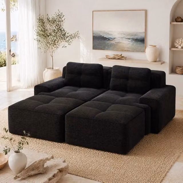 Divano modulare boneless in corduroy; 204x177x69 cm; nero