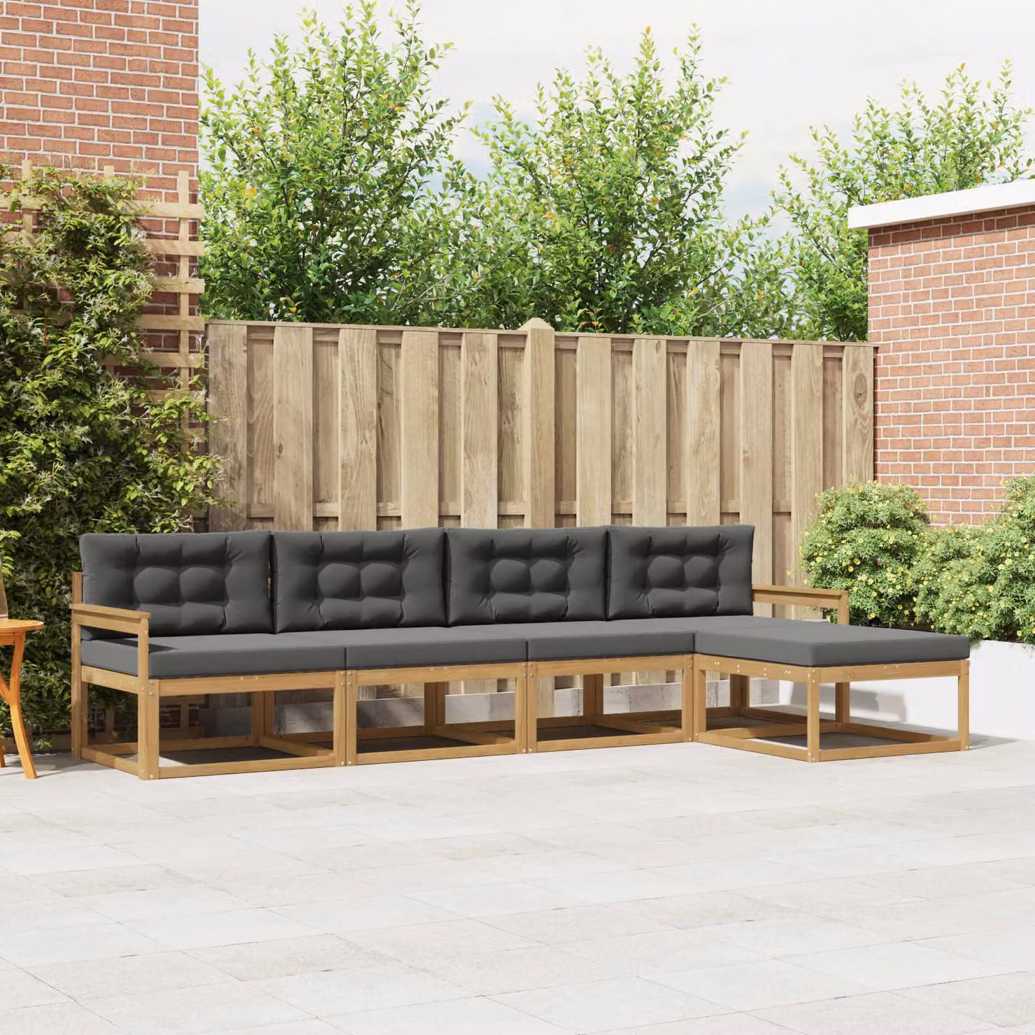 Set di divani da esterno vidaXL a forma di L con pouf, in legno di acacia e tessuto resistente ai raggi UV, Bianco, Antracite e Marrone