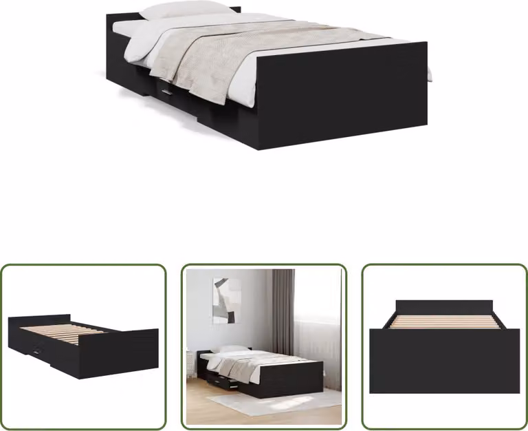 The Living Store Giroletto con cassetti nero 75x190 cm in materiale ligneo