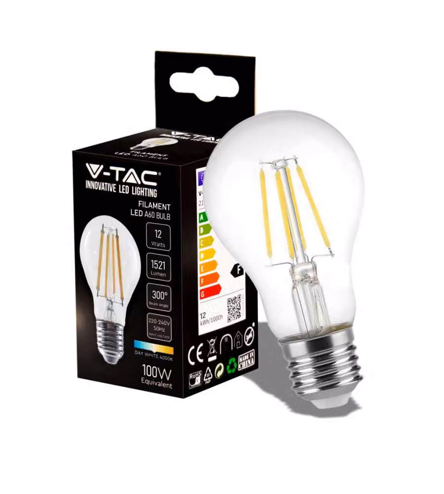 Lampadina LED E27 12W 120LM/W A70 Filamento 4000K