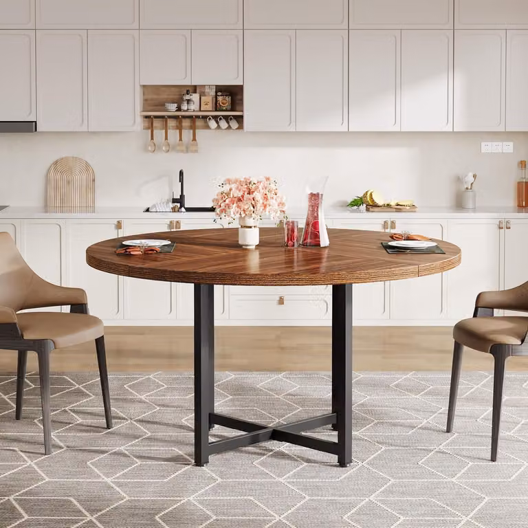 Tavolo rotondo da pranzo, diametro 120 cm, stile industriale, piano in metallo, design compatto, colore nero, finitura rustica marrone