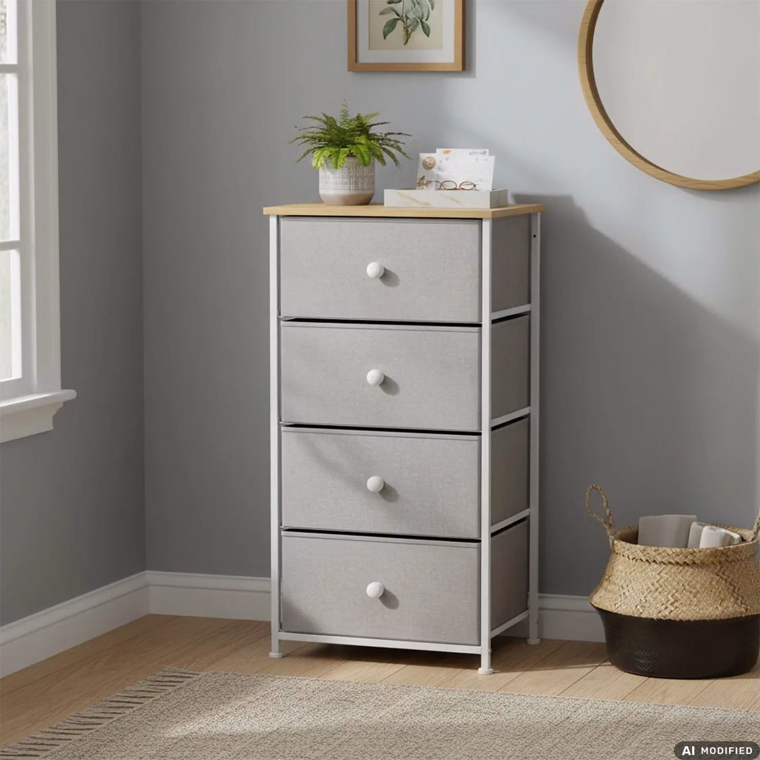 VESTIAMO CASA Mobiletto Multiuso Linea Woodhandy con 4 Cassetti in Legno Naturale e TNT Grigio H 95 cm x L 45 cm x P 30 cm – 2